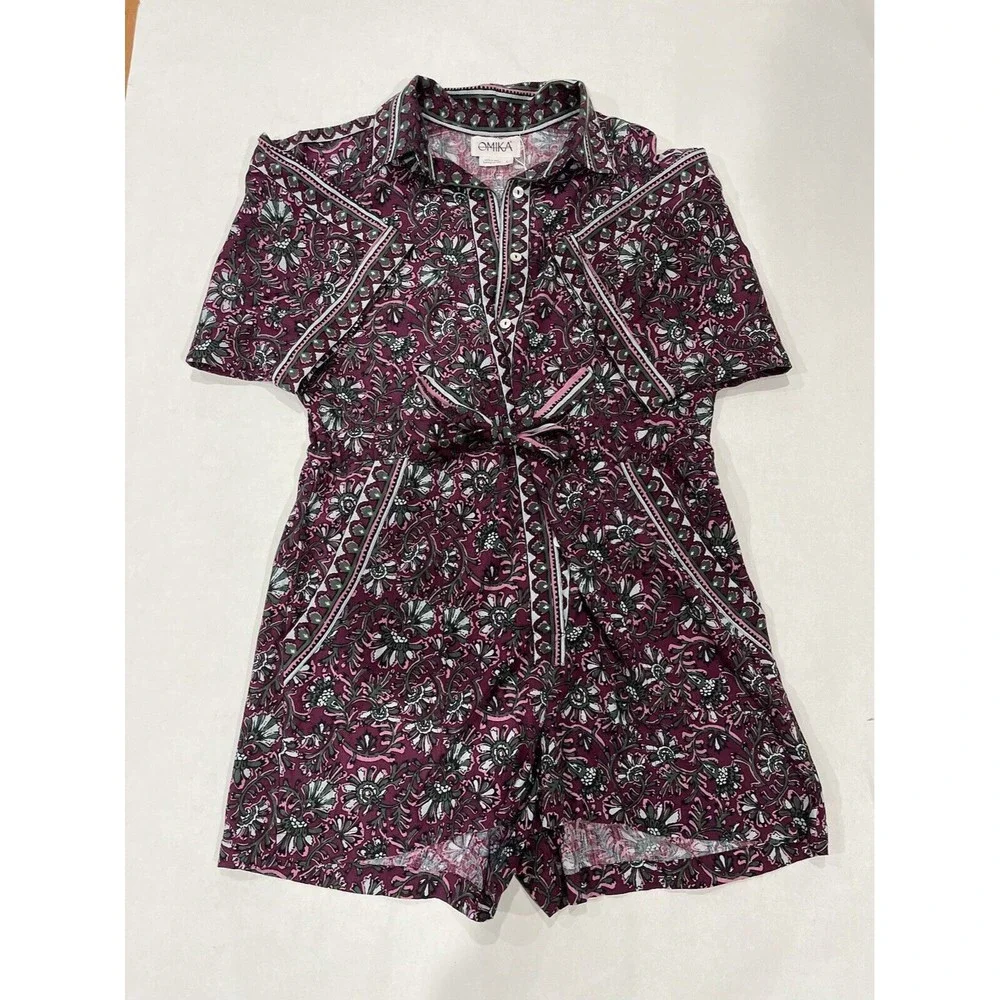NWT Anthropologie Omika Women Lido Purple Floral Preppy Romper With Tie